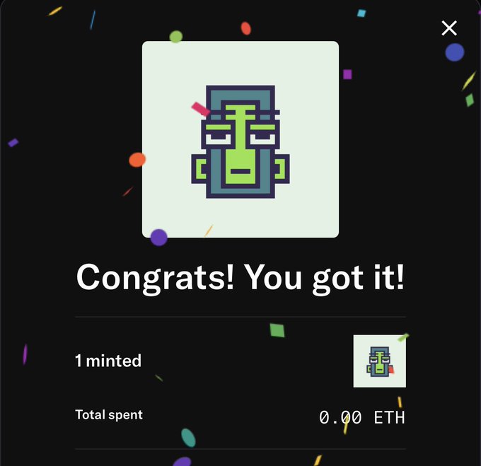 A digital art congratulatory screen displays a pixelated face NFT with the text 'Congrats! You got it!' and shows '1 minted' with a total spent of 0.00 ETH.