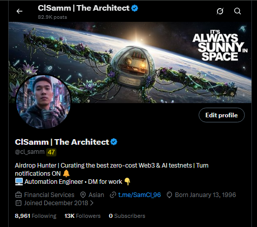 A Twitter/X profile for 'ClSamm | The Architect' (@cL_samm) with a banner reading 'IT'S ALWAYS SUNNY IN SPACE' featuring an astronaut in orbit.