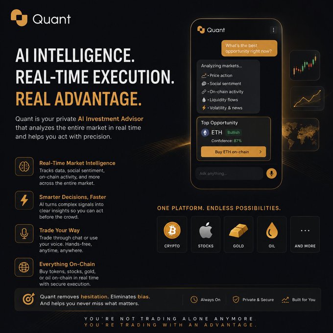 The image features a black screen displaying an advertisement for Quant's AI investment platform. The background of the image has gold and orange colors that contrast with the black screen. On this screen, there are two chat icons – one yellow and another brown. These icons could represent different communication options or services offered by the AI investment platform. There is also a keyboard icon on the left side of the image. Above these icons, there is text related to the main content of the post, which encourages people to consider using the Quant AI investment platform for real-time execution and advantage in trading.