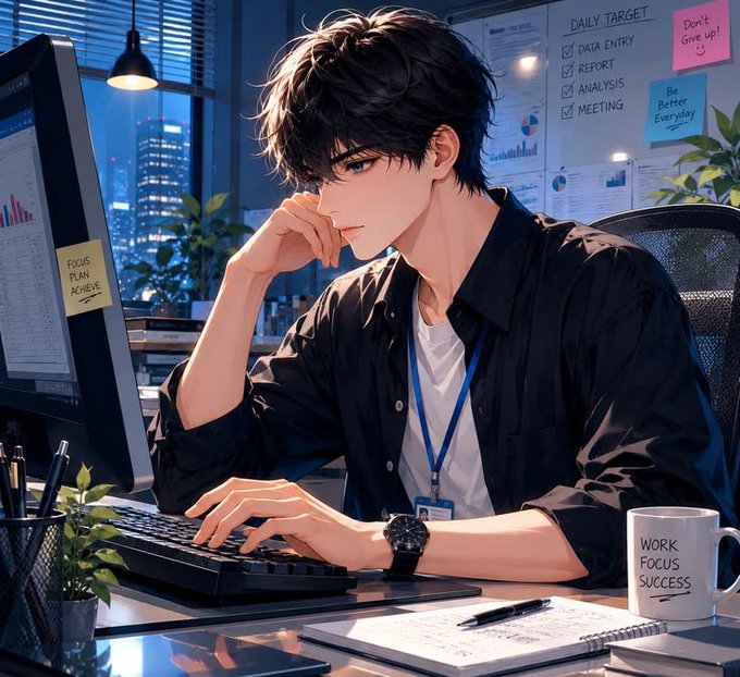 An anime-style illustration of a young man working at a computer in an office, with a whiteboard showing tasks like 'DATA ENTRY', 'REPORT', 'ANALYSIS', and 'MEETING', and a mug labeled 'WORK FOCUS SUCCESS'.