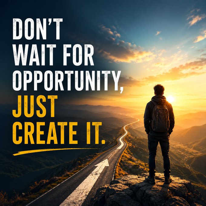 Motivational poster showing a man with a backpack overlooking a winding road at sunset, with bold text reading 'DON'T WAIT FOR OPPORTUNITY, JUST CREATE IT.'