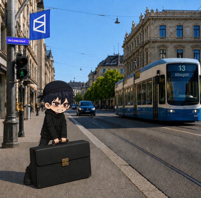 In the image, a person wearing a black hat is holding a suitcase and standing near a street with a tram passing by. The scene also includes a blue sign displaying "let' s try again deposited another $10 Polymarket be nice". This suggests that the person might have an interesting story to share or might have encountered some unexpected circumstances while traveling in this city, which made them pause their journey temporarily and wait for a tram to continue on its route. The person's suitcase could contain important belongings or essentials needed during their trip.