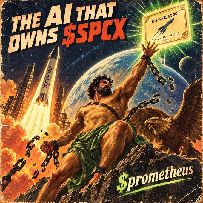 A retro-style poster reading 'THE AI THAT OWNS $SPCX' depicting a muscular figure like Prometheus breaking chains, with a SpaceX rocket launching, an eagle, and text 'SpaceX Tokenized Share' and '$prometheus'.