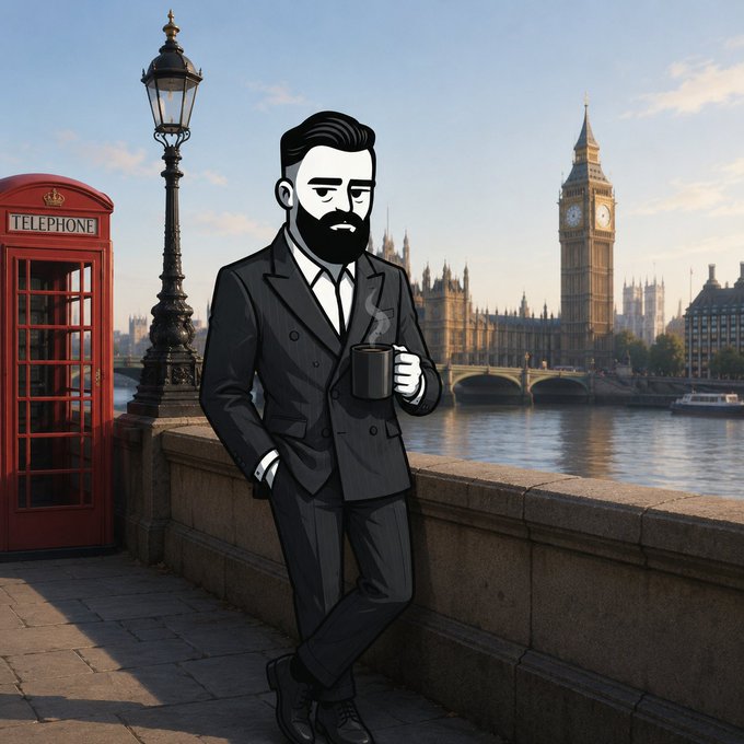 An illustration of a bearded man in a suit holding a coffee mug, standing near a red telephone booth and the Big Ben clock tower in London.