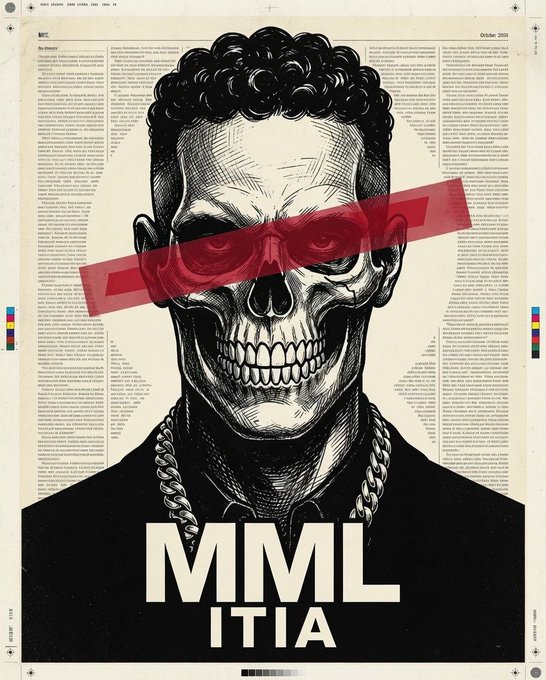 An artistic magazine page from October 2010 featuring a detailed black-and-white skull illustration with curly hair, gold chains, and a red 'VOID' stamp across the eyes, with large text reading 'MIML' and 'ITIA' at the bottom.