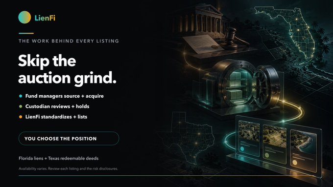 A promotional banner for LienFi titled 'Skip the auction grind' listing services like fund management, custodian reviews, and LienFi standardization for Florida and Texas liens.