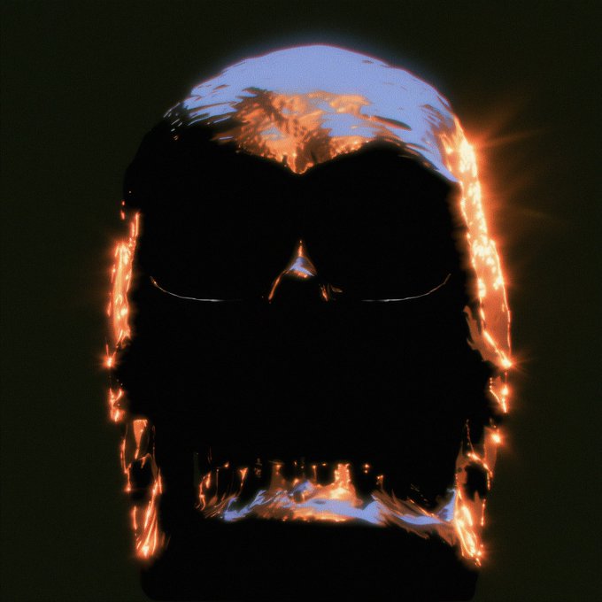 A dark silhouette of a skull engulfed in flames against a black background.