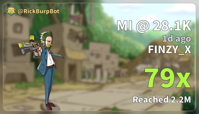 A graphic displaying a Rick and Morty character holding a gun, with text reading 'MI @ 28.1K', '1d ago', 'FINZY_X', '79x', and 'Reached 2.2M'.