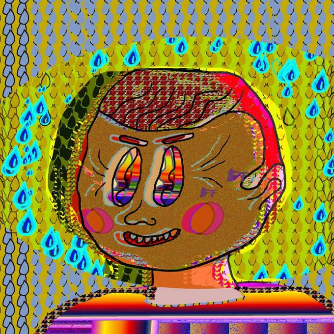 Psychedelic, glitch-style digital illustration of a smiling cartoon character with rainbow-colored eyes against a yellow background filled with blue water drop shapes.