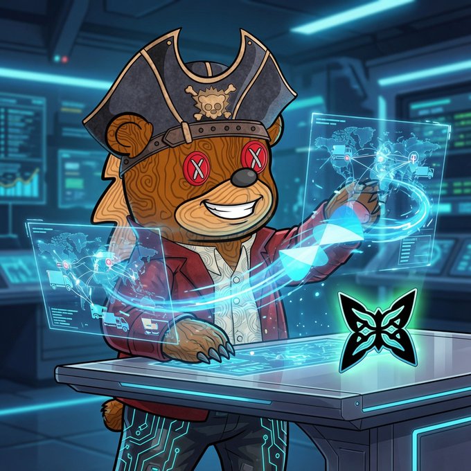 Digital illustration of a wooden bear character in a pirate hat with 'X' eyes working at a high-tech console with holographic world maps, next to a glowing black butterfly logo.