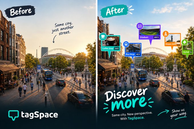 A split "Before/After" comparison showing the same busy city street near a stadium, with the left featuring the tagline "Same city, just another street." and the right augmented with tagSpace location pins for Coffee Shop (24 ft), Bus Stop (42 ft), Stadium (680 ft), Historic Statue, and City Park (25), along with "Discover more" and "Show us your way" prompts and the logo "tagSpaceco."