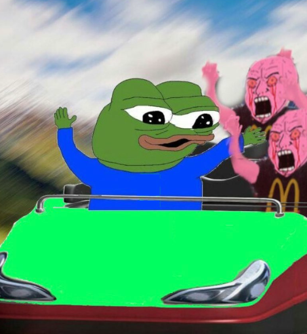 A meme image featuring Pepe the Frog in a green convertible car with screaming pink distorted faces chasing him, with a McDonald's logo visible.
