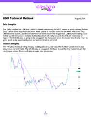 A technical analysis chart titled 'XRP Technical Outlook' dated August 26th, showing price trends and a 'Daily Insights' section discussing the XRP and LINK trading outlook.