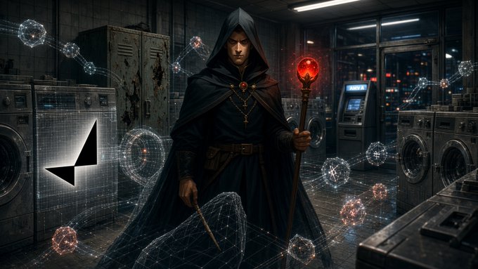 A digital artwork of a hooded figure in a dark cloak holding a staff with a red gem, standing in a dimly lit laundromat setting, with an Ethereum logo overlaid on the left.