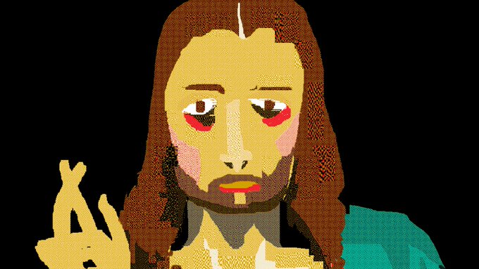 Pixelated digital portrait of a person with brown hair, dark skin, and red markings under the eyes against a black background, raising a hand.
