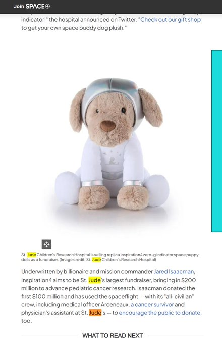 A screenshot of a webpage showing a plush toy dog wearing a white space suit and helmet, with text mentioning St. Jude Children's Research Hospital and billionaire Jared Isaacman's Inspiration4 fundraiser.