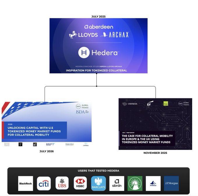 A infographic showing the Hedera 'INSPIRATION FOR TOKENIZED COLLATERAL' study from July 2025 with Aberdeen, Lloyds, and Archax, branching to ISDA's 2026 report on U.S. tokenized money market funds and a November 2025 report on Europe & UK, with logos of testing users including BlackRock, Citi, UBS, HSBC, Barclays, abrdn, and J.P. Morgan.
