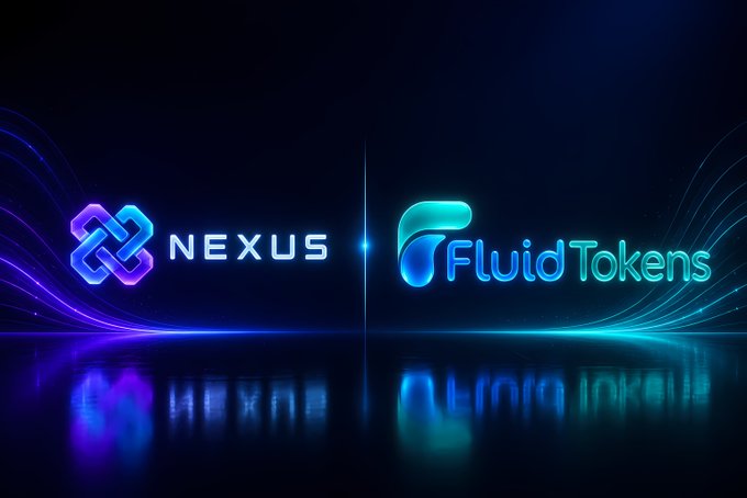 A dark promotional graphic displaying the logos for "NEXUS" and "FluidTokens" side by side with neon blue and purple lighting effects.