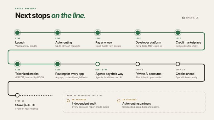 A roadmap infographic titled 'Next stops on the line' for RAETO.CC, detailing 11 steps including Launch, Auto routing, Pay any way, and Tokenized credits, along with items 'In Progress'.