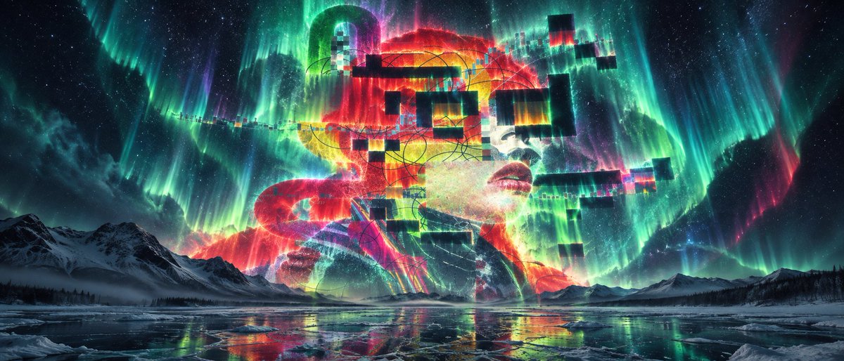 A surreal, vibrant digital artwork of a face dissolving into glitchy pixels against a backdrop of swirling green and pink aurora borealis over a frozen icy landscape with snow-capped mountains.