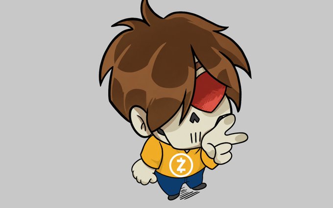 A chibi-style cartoon character with brown hair, a red bandage over one eye, wearing a yellow shirt with the Zcash (Z) cryptocurrency symbol, pointing forward against a gray background.