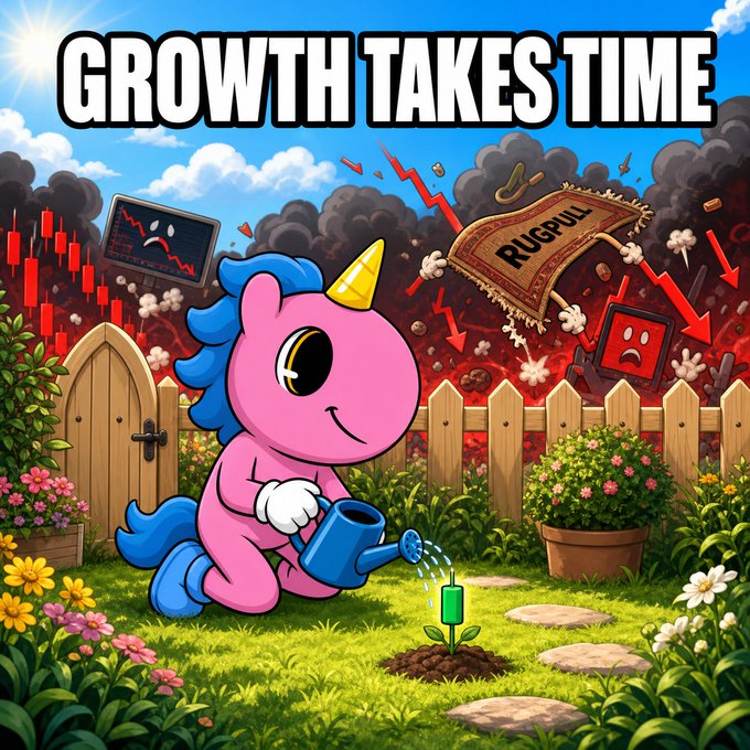 A meme-style image features a cute pink unicorn watering a small green plant in a garden, with a chaotic 'rugpull' market crash scene in the background and bold text reading 'GROWTH TAKES TIME.'