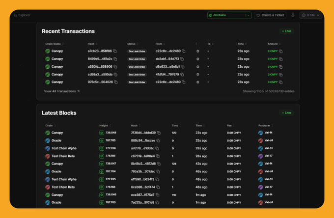 A screenshot of a cryptocurrency explorer dashboard displaying 'Recent Transactions' and 'Latest Blocks' for chains including Canopy, Oracle, and Test Chain Alpha/Beta on a black background.