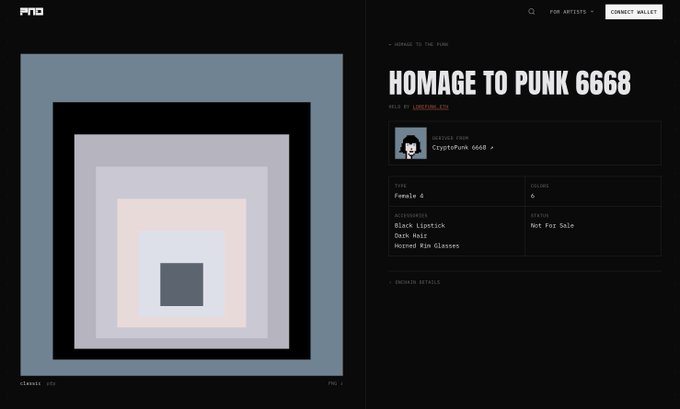 Screenshot of a PRO (formerly known as MakersPlace) NFT listing titled 'HOMAGE TO PUNK 6668' by CryptoPunk 6668, a Female 4 type artwork featuring 'Black Lipstick', 'Dark Hair', and 'Horned Rim Glasses', with status 'Not For Sale'.
