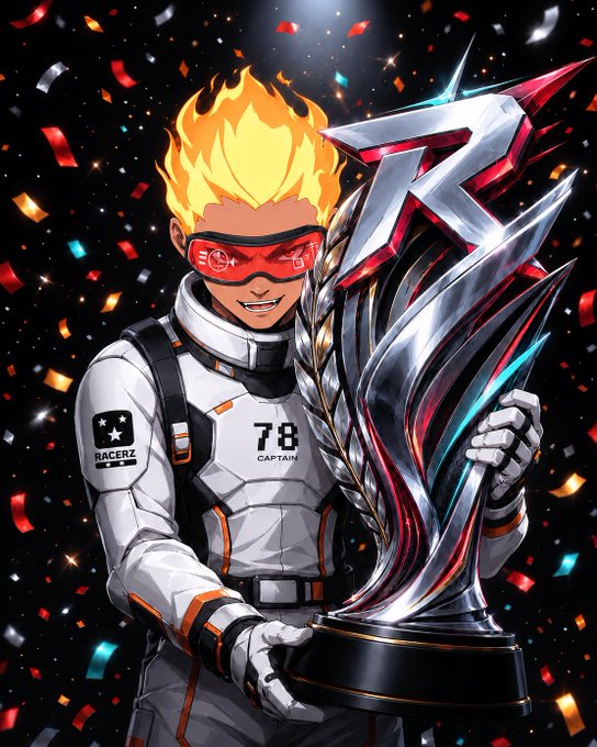 A flaming-haired astronaut labeled "78 CAPTAIN" and "RACERZ" proudly hoists a sharp metallic trophy amid confetti, embodying the "legendary" status the post uses to promote @Racerz_eth and its community.