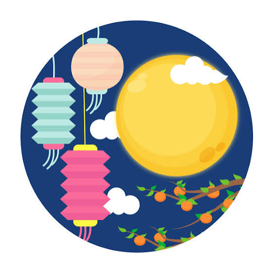 A circular illustration depicts a Mid-Autumn Festival scene with a large yellow full moon, three hanging paper lanterns in pink, green, and orange, white clouds, and a branch of orange persimmons against a dark blue night sky.