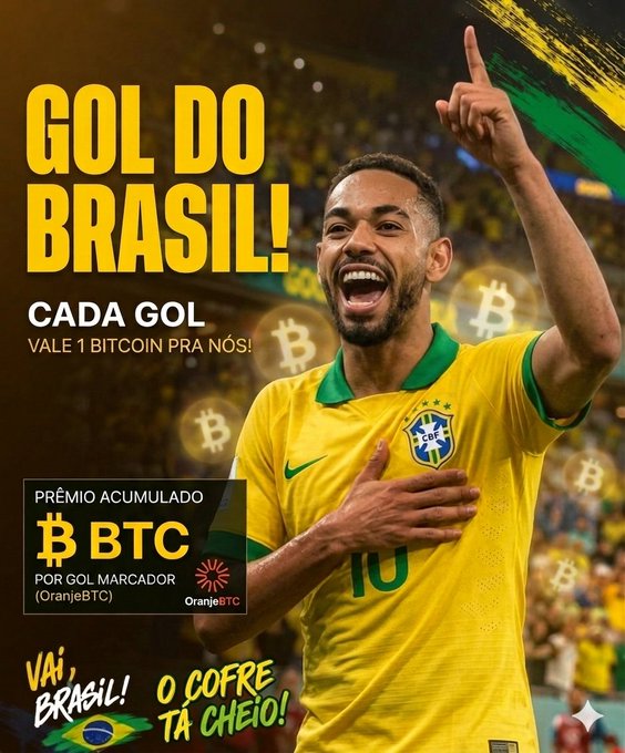 The image features a man wearing a yellow soccer jersey, celebrating with his arms raised high while smiling. The background of the image shows a stadium filled with people watching a soccer match. There are also several Bitcoins scattered throughout the scene, possibly representing donations or support for the team's success.