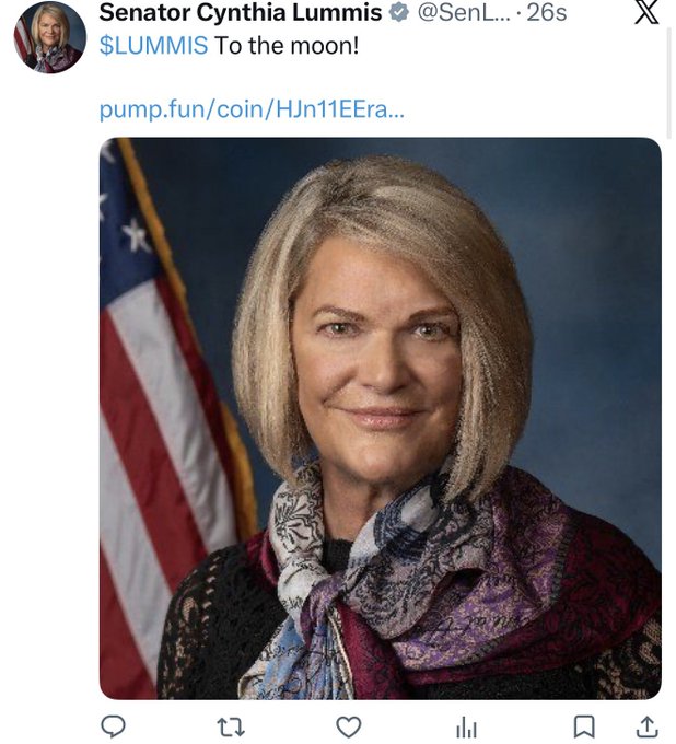 A tweet from Senator Cynthia Lummis' verified X account (@SenLummis) reads "$LUMMIS To the moon!" alongside a link to pump.fun/coin/HJn11EEra, featuring her official Senate portrait. The post appears to promote a memecoin, suggesting the account was compromised, as no official statement has been released.