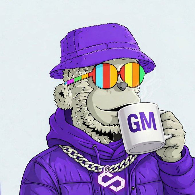 A digital illustration of a bear wearing a purple bucket hat, rainbow sunglasses, a purple hoodie, and a chain necklace, holding a mug that reads 'GM'.