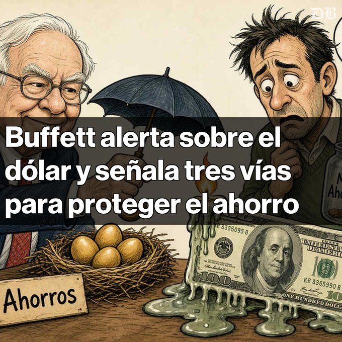 A cartoon-style illustration with Spanish text reading 'Buffett alerta sobre el dólar y señala tres vías para proteger el ahorro,' depicting Warren Buffett with an umbrella alongside a worried man, golden eggs in a nest labeled 'Ahorros,' and a melting hundred-dollar bill.