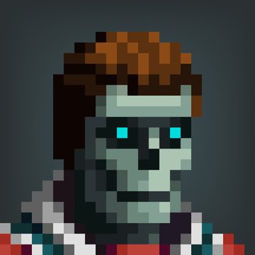 A pixel art portrait of a gray-skinned undead character with glowing blue eyes and brown hair, likely representing the "Genuine Undead" mentioned in the post about a pixel-art-themed bounty initiative.