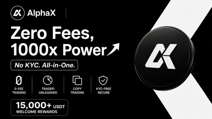 Advertisement for "AlphaX" featuring the text "Zero Fees, 1000x Power", "No KYC. All-in-One.", and icons for "0-Fee Trading", "TradeFi Unleashed", "Copy Trading", and "KYC-Free Secure", along with "15,000+ USDT WELCOME REWARDS".