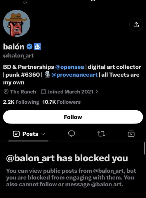 A Twitter profile for 'balón' (@balon_art) showing a pixel-art cowboy avatar, verified badge, and bio indicating BD & Partnerships at @opensea, digital art collector, punk #6360, with 10.7K followers; a message at the bottom states '@balon_art has blocked you', explaining that the user can view public posts but cannot engage, follow, or message them.