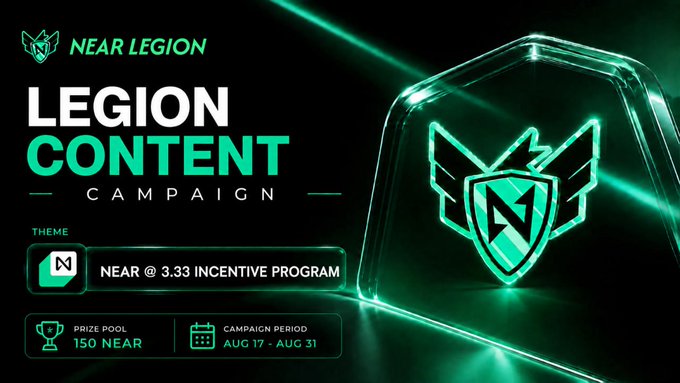 Promotional graphic for the 'NEAR LEGION CONTENT CAMPAIGN' featuring the theme 'NEAR @ 3.33 INCENTIVE PROGRAM', with a prize pool of 150 NEAR and campaign period from Aug 17 to Aug 31.