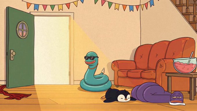 A cartoon illustration depicts a snake wearing sunglasses inside a home with party bunting, alongside a cat sleeping in a sleeping bag and another character, with an open door letting in light.