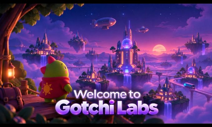 A cute green character in a red outfit stands on a wooden deck overlooking a magical floating cityscape with floating islands, castles, and airships at sunset, with the text "Welcome to Gotchi Labs" prominently displayed. The whimsical, dreamy artwork visually represents the expansion of Sleepagotchi into Gotchi Labs, symbolizing a new, imaginative frontier for AI-powered daily life.