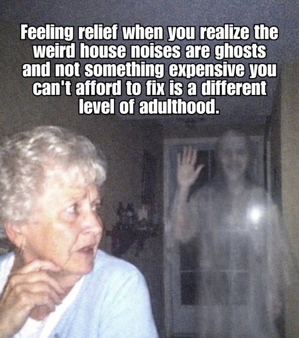 A meme featuring an elderly woman looking surprised at a translucent ghost waving, with text reading: 'Feeling relief when you realize the weird house noises are ghosts and not something expensive you can't afford to fix is a different level of adulthood.'