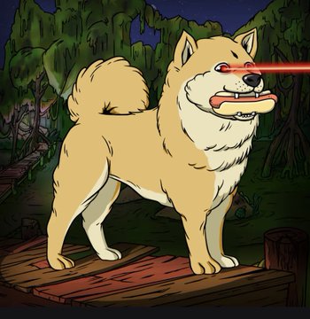 The image features a cartoon dog with a red laser pointer in its mouth, standing on a wooden platform or bridge. The background of the image includes trees and bushes, creating an outdoor setting for the scene. The caption "We walk the doggos on Sunday Happy weekend everyone! BAYC" is also present in the image.