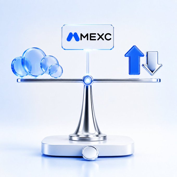 A 3D render of a silver balance scale displaying the MEXC logo on one side and blue bubbles and up/down arrows on the other, set against a light blue background.