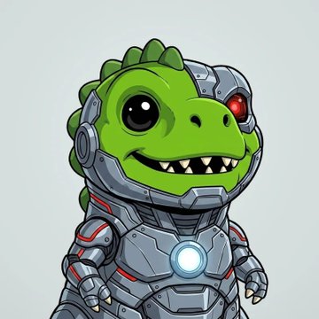 An illustration of a cute, cartoon-style green dinosaur character wearing a metallic robotic mech suit with an arc reactor on its chest.