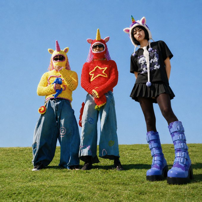 Three people pose on a grassy hill against a clear blue sky wearing colorful, kitschy outfits including unicorn hats, oversized knit sweaters in yellow and red with a star, and tall purple platform boots.