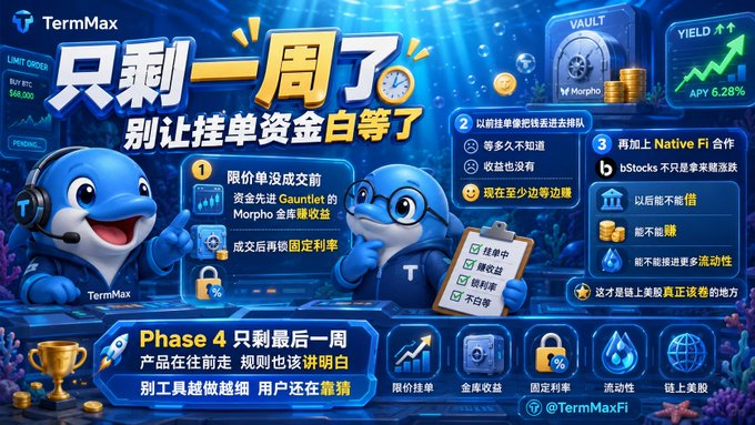 A TermMax promotional graphic in Chinese with cartoon dolphins wearing headsets, announcing '只剩一周了' (only one week left) for Phase 4, featuring details about Morpho vault yields and fixed rates.
