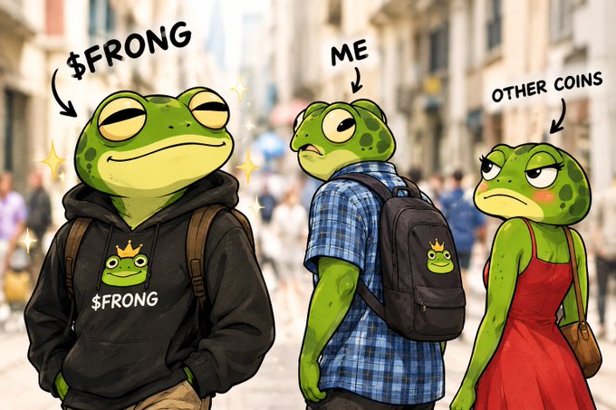 Three anthropomorphic frogs are depicted on a city street, with the leftmost frog labeled "$FRONG" wearing a hoodie featuring a crowned frog logo and "$FRONG" text, the middle frog labeled "ME" wearing a backpack with the same crowned frog logo, and the right frog labeled "OTHER COINS" looking unimpressed in a red dress. The image humorously illustrates the post's theme of being tempted away from holding other crypto bags by the allure of the $FRONG memecoin.