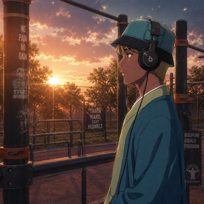 An anime-style illustration depicts a blonde young man wearing a teal bucket hat and black Beats headphones, standing in profile at a street workout gym with motivational signs reading 'NO PAIN NO GAIN,' 'TRAIN HARD STAY HUMBLE,' and 'DISCIPLINE EQUALS FREEDOM' against a sunset.