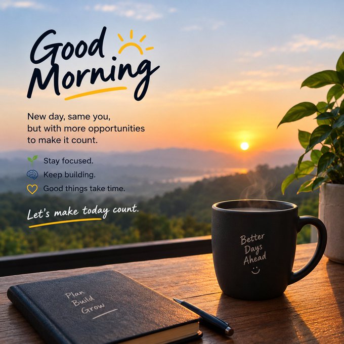 A motivational 'Good Morning' graphic featuring a sunrise view, a coffee mug reading 'Better Days Ahead', and a notebook labeled 'Plan Build Grow'.