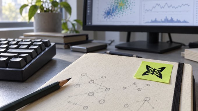 A workspace features an open notebook with hand-drawn network diagrams, a mechanical keyboard, a pencil, a plant, and a monitor displaying charts.